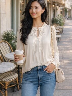 J Crew Women's Cream Ruffled Tie-Neck Blouse